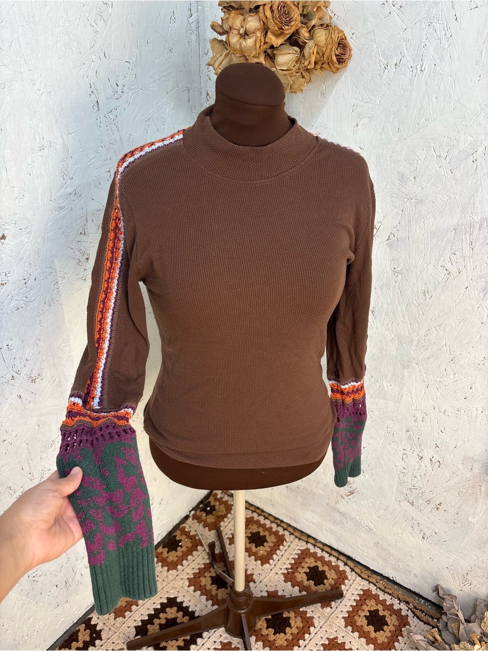 Free People Switch It Up Crochet Granola Girl Brown Mock Neck Thermal XL - Picture 3 of 9